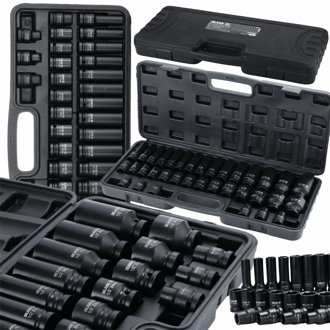 Löökpadrunikomplekt 1/2" HEX 8–32 mm (must) – 35 osa, BLACK – lühikesed ja pikad padrunid - Ostuklikk